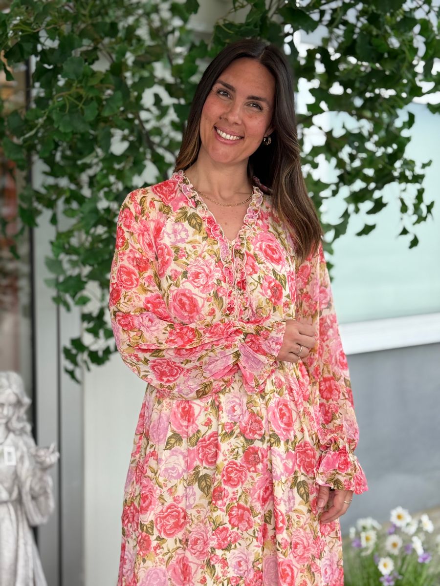 EMSA LANG KJOLE FLOWERS - ROSA/CREAM