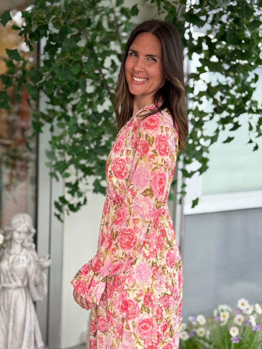 EMSA LANG KJOLE FLOWERS - ROSA/CREAM