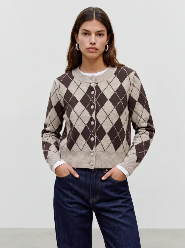 HALO CARDIGAN ARGYLE - BRUN / CREAM