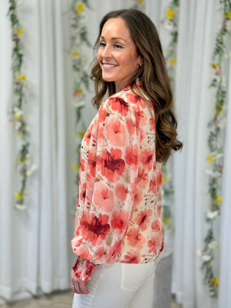 EMSA BLUSE FLOWERS - OFFWHITE / RØD