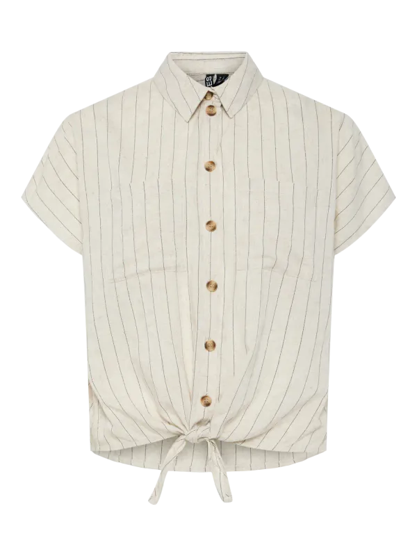 PIA VISCOSE/LIN SKJORTE M/KNYTING - SAND/SORT STRIPET