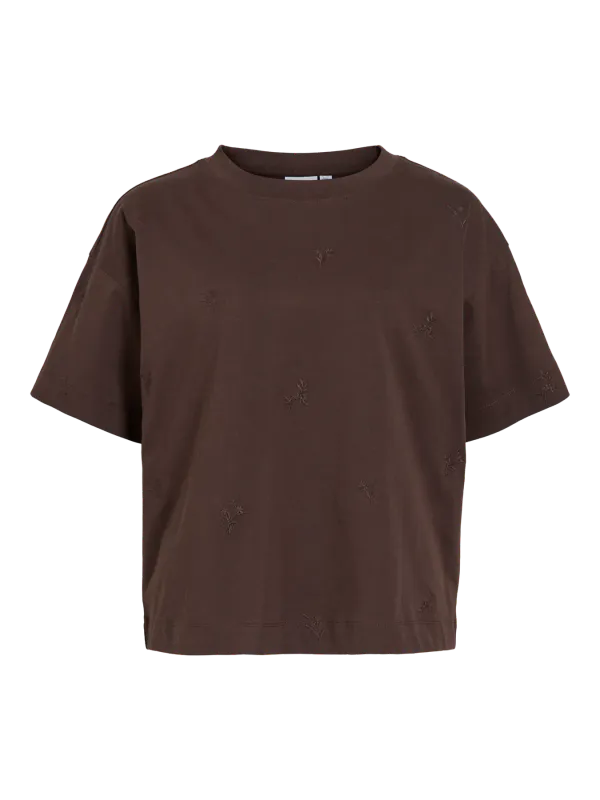 MONIE T-SHIRT M/BRODERT BLOMSTER - BRUN 