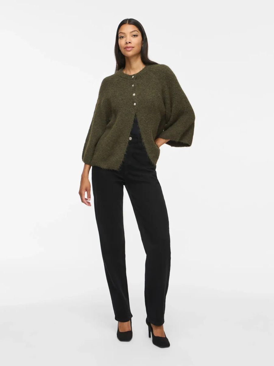 BOWS 3/4 KNIT CARDIGAN M/METALL KNAPPER - OLIVEN MELERT