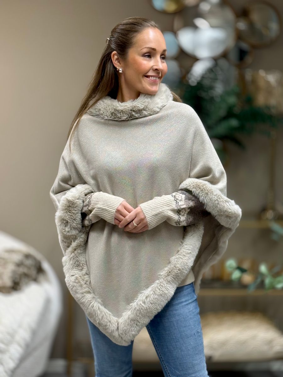 PONCHO M/LUREX & FAKE FUR - SAND