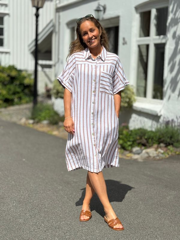 LAVISCO LIN/VISCOSE SKJORTEKJOLE - HVIT / DUSTY COGNAC
