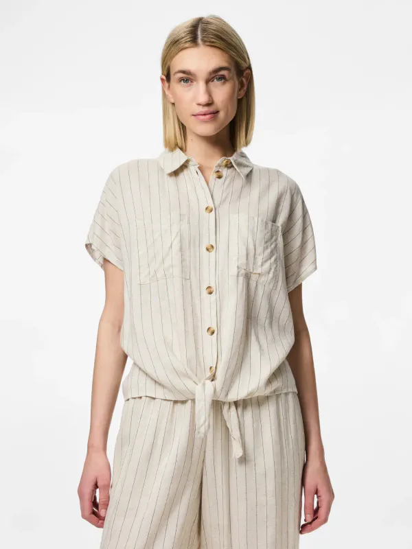 PIA VISCOSE/LIN SKJORTE M/KNYTING - SAND/SORT STRIPET