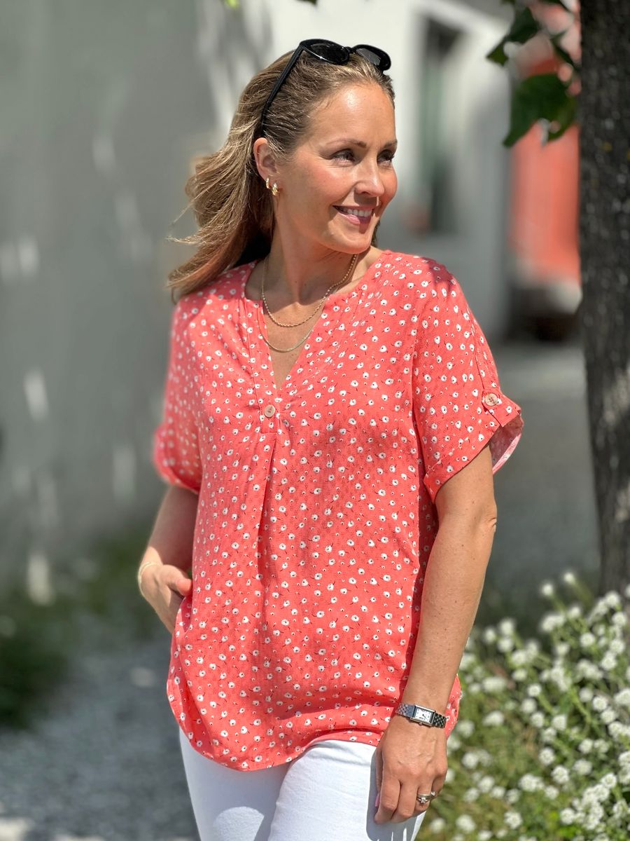 ADNEY BLUSE M/KORT ERM - CORAL/OFFWHITE