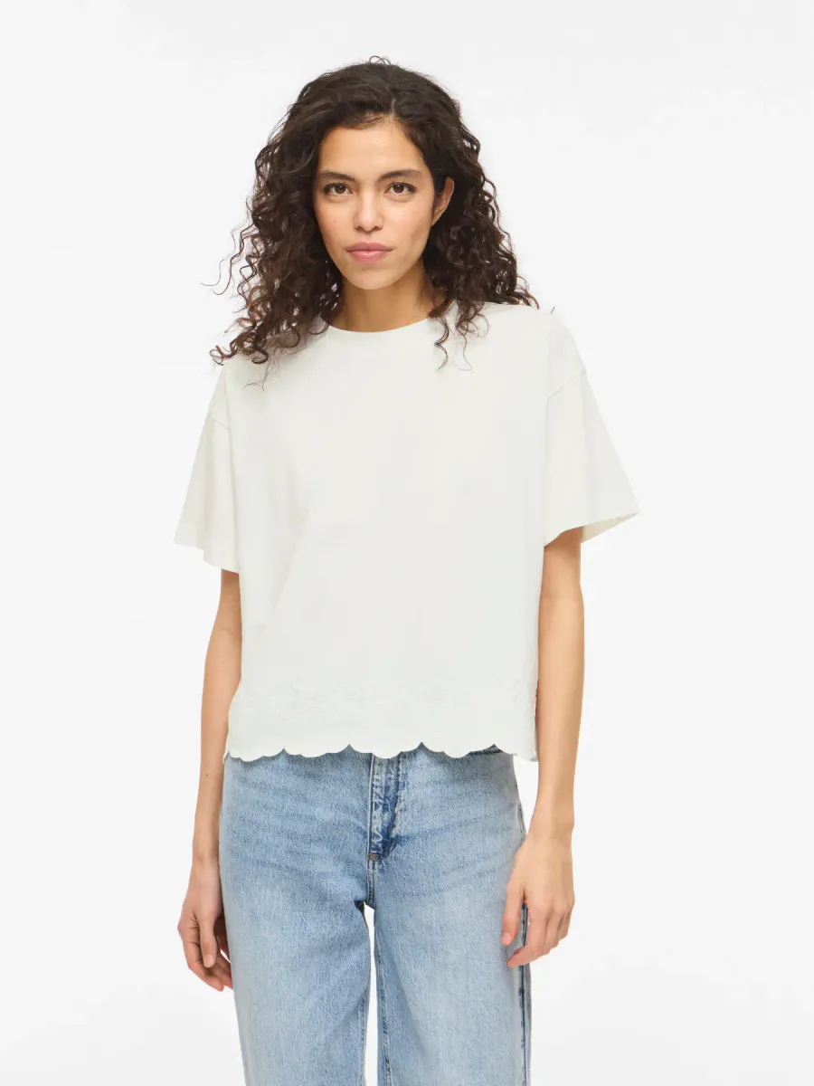 NORANI T-SHIRT M/ EMBROKANT - HVIT