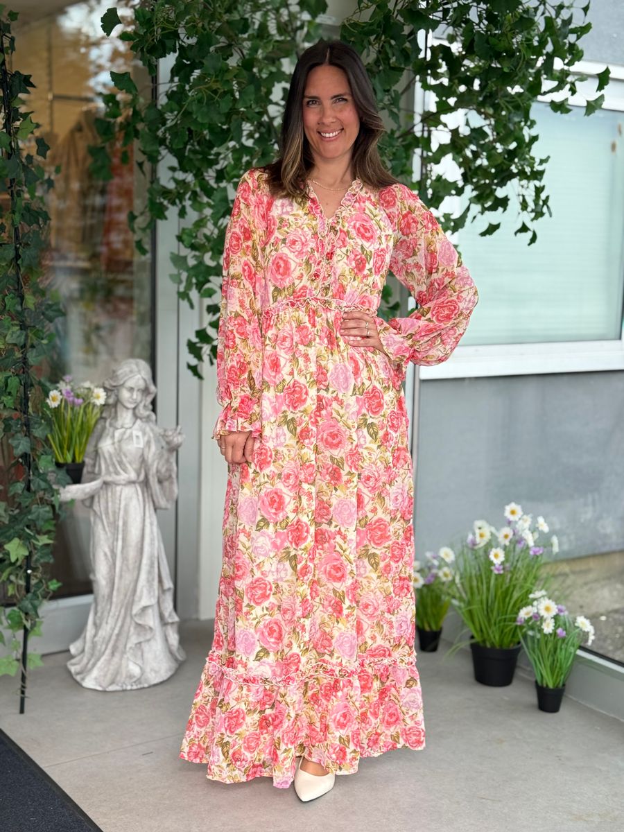 EMSA LANG KJOLE FLOWERS - ROSA/CREAM