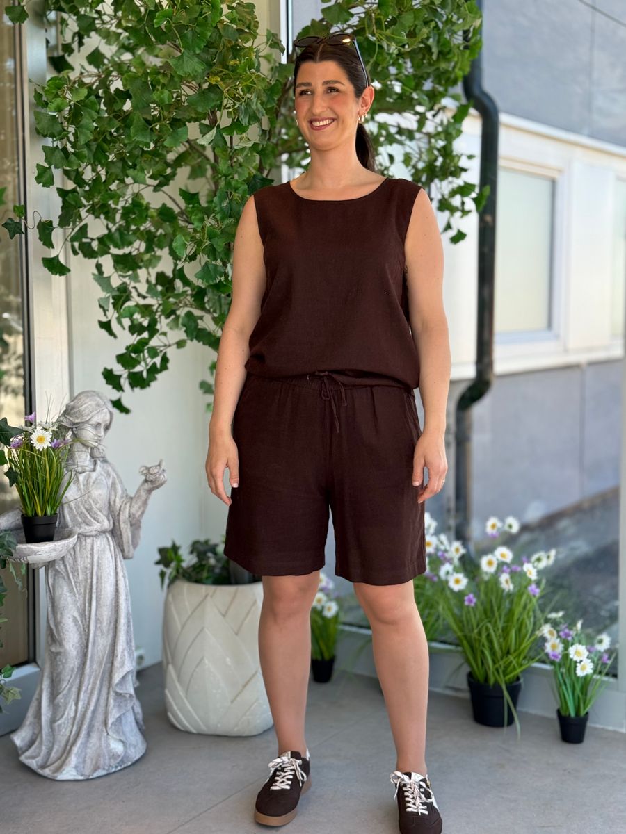 LAVA LIN/VISCOSE TOPP M/KNAPPER BAK - BRUN